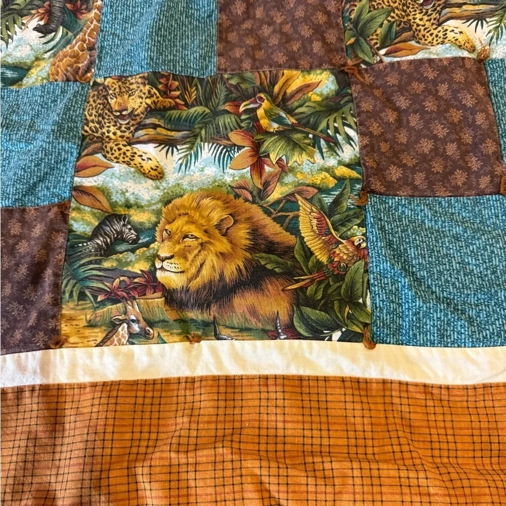 Jungle Printed Brown Handmade Reversible Quilt Elephants Leopards Lions 52 x 37